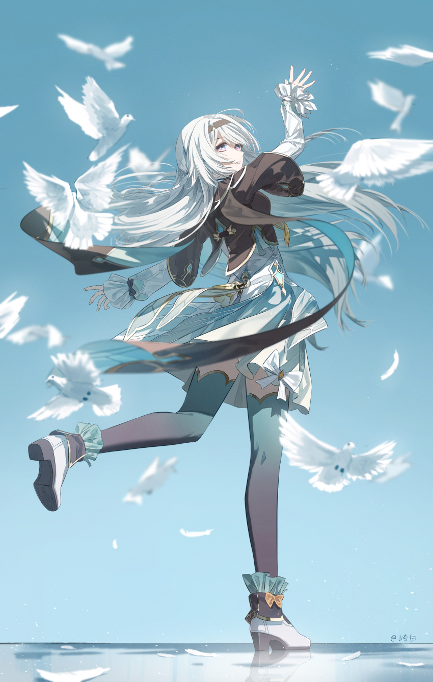 1girl, absurdres, bird, black_hairband, black_jacket, bu_bai_(wres2744), commentary_request, feathers