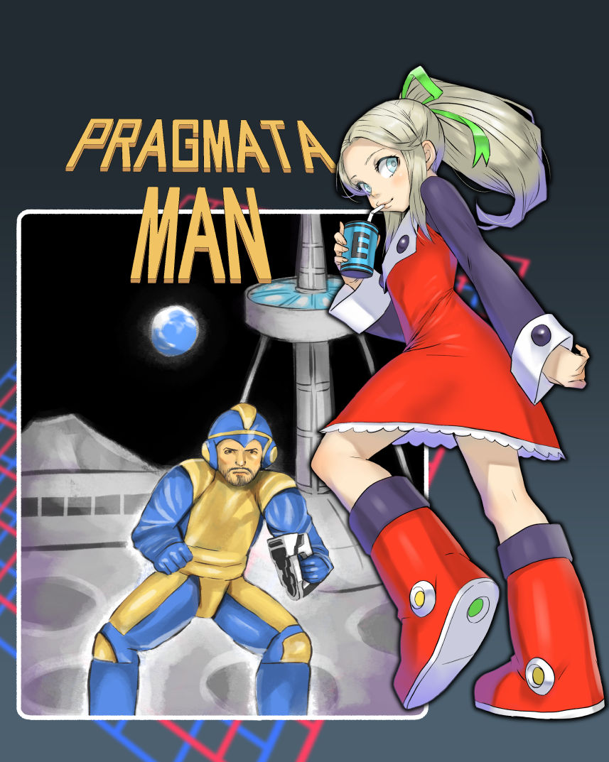 1boy, 1girl, android, armored_boots, black_background, black_sleeves, blonde_hair, blue_bodysuit