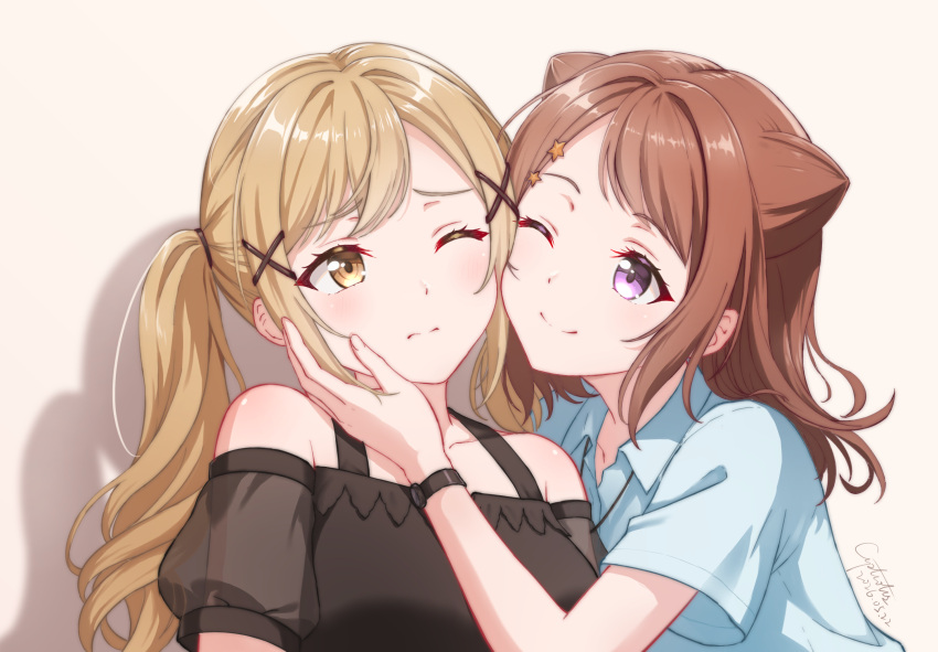 2girls, bang_dream!, bang_dream!_girls_band_party!, black_shirt, blonde_hair, blue_shirt, blush, brown_eyes