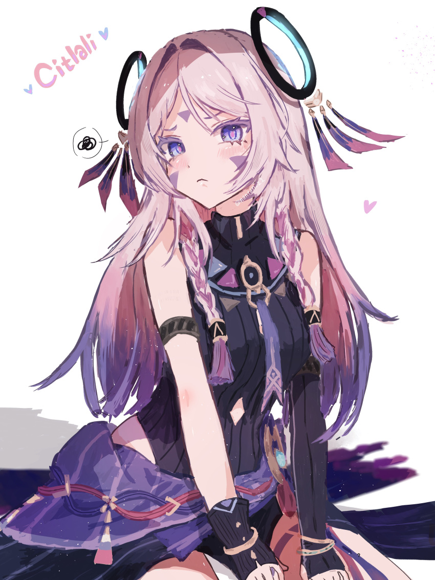 :<, absurdres, citlali_(genshin_impact), clothing_cutout, commentary_request, cryo_symbol_(genshin_impact), facial_mark, feathers, floating_headgear, genshin_impact, glove_cutout, hair_intakes, halter_leotard, halterneck, headgear, highres, illegible_text, leotard, mirimiri21, pink_pupils, purple_feathers, purple_sarong, ribbed_leotard, ring_hair_ornament, sarong, thigh_marking, triangle, triangle_facial_mark, turtleneck, turtleneck_leotard