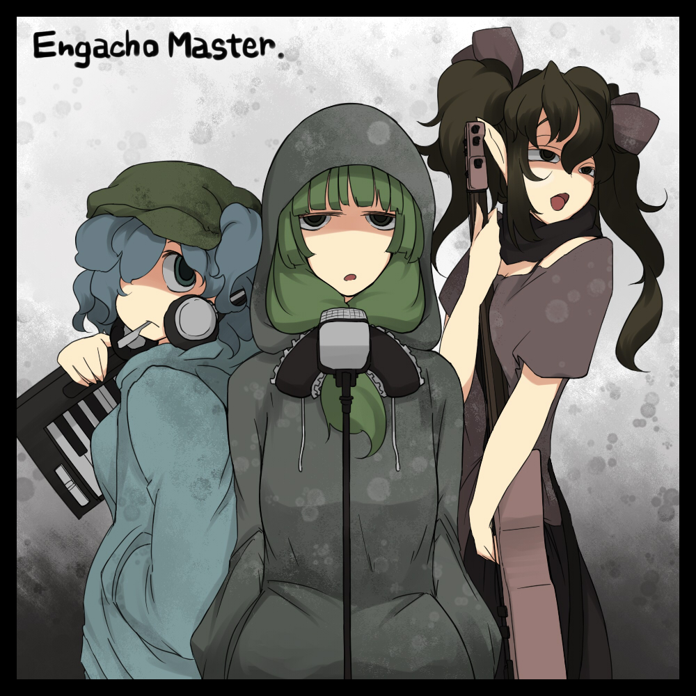 blue_eyes, blue_hair, border, brown_hair, chiyoshi_(sevendw), front_ponytail, green_hair, guitar