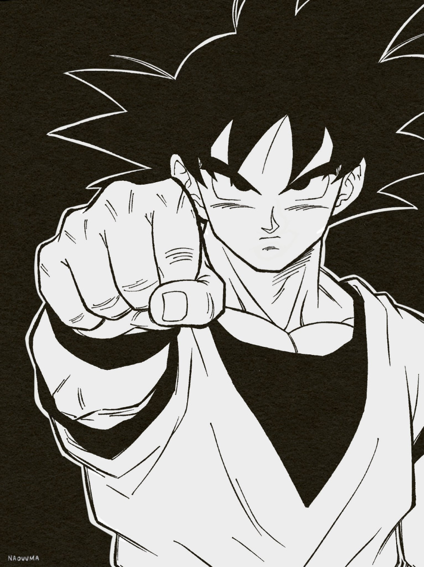 1boy, artist_name, black_background, clenched_hand, closed_mouth, dougi, dragon_ball, dragon_ball_z