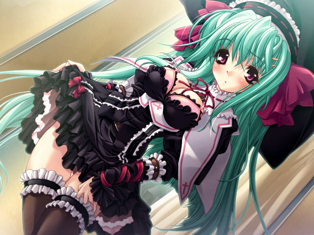 blush, breasts, cleavage, cross, duplicate, gothic, green_hair, headdress