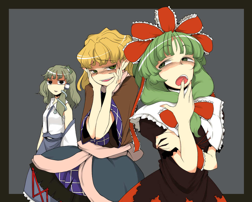 blonde_hair, border, chiyoshi_(sevendw), detached_sleeves, dress, frog, front_ponytail, green_eyes