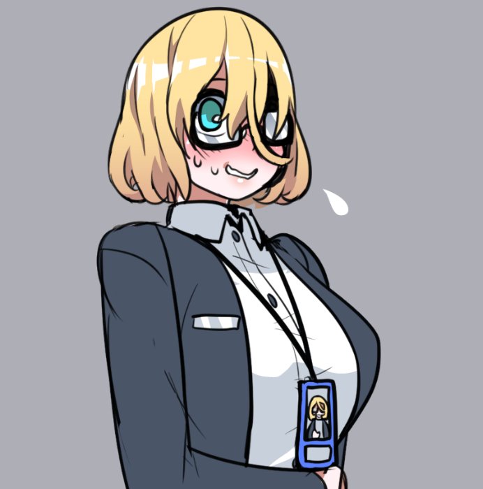1girl, aqua_eyes, black_suit, blonde_hair, breasts, business_suit, buttons, collared_shirt, flying_sweatdrops, formal_clothes, glasses, grey_background, id_card, large_breasts, nervous_smile, nervous_sweating, office_lady, opaque_glasses, original, partially_opaque_glasses, rectangular_eyewear, shirt, short_hair, simple_background, smile, solo, suit, sweat, ukavonnak, upper_body, venus_vogel_(ukavonnak), white_shirt