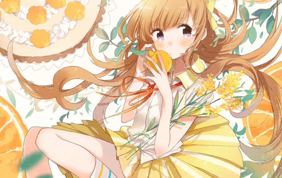 1girl, blush, brown_hair, closed_mouth, comitia_108, commentary_request, dress_shirt, flower, fly_(marguerite), food, fruit, kneehighs, lemon, long_hair, original, shirt, short_sleeves, skirt, socks, solo, striped_clothes, striped_socks, violet_eyes, white_shirt, yellow_skirt
