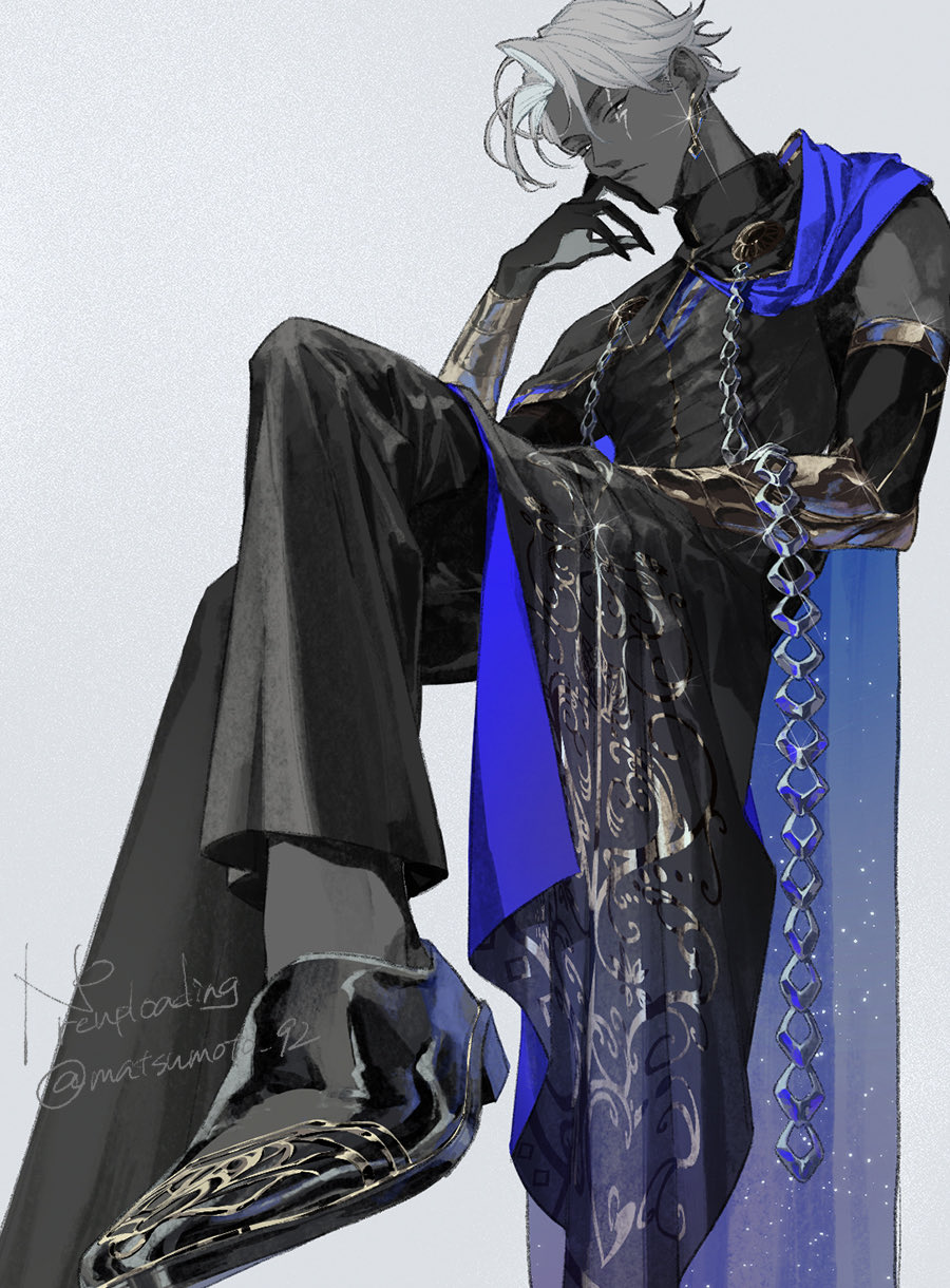 1boy, adapted_costume, arjuna_(fate), arjuna_(fate)_(cosplay), artist_name, black_pants, black_robe, blue_cape