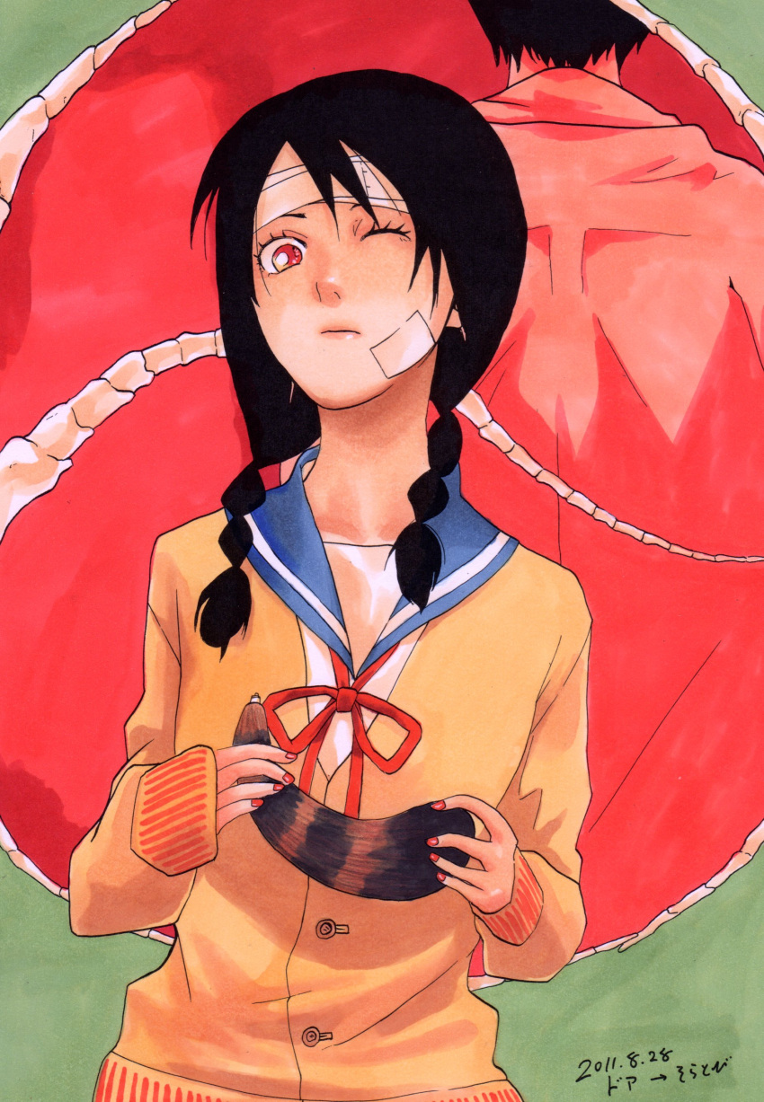 back, bandage, bandages, black_hair, bone, braid, cardigan, dated