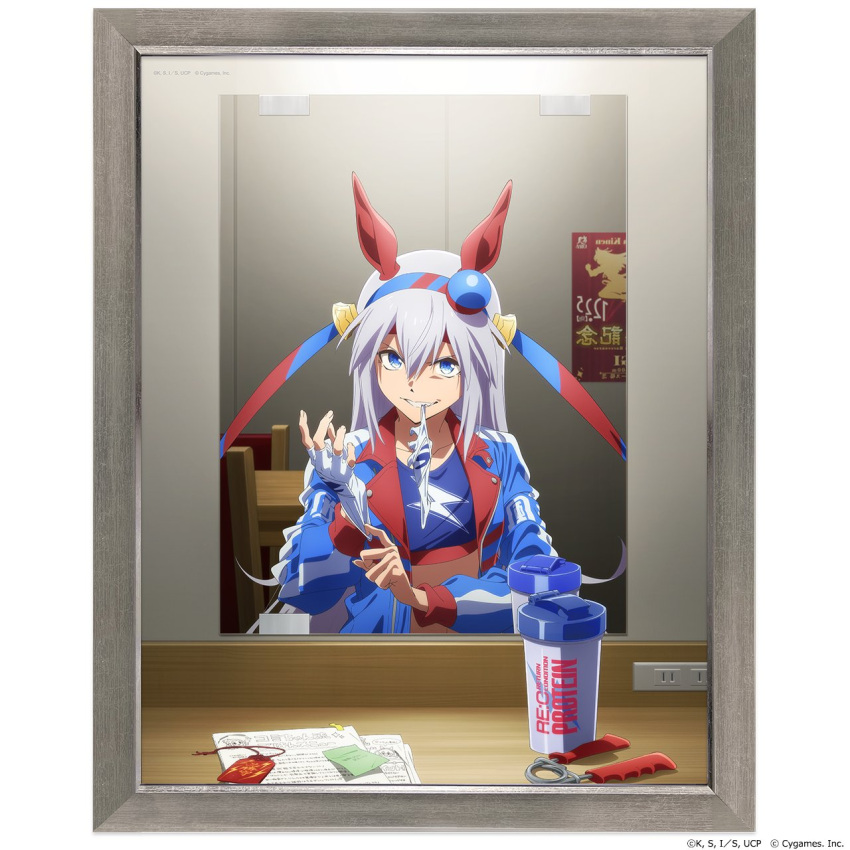 1girl, adjusting_clothes, adjusting_gloves, animal_ears, blue_eyes, blue_hairband, blue_jacket, blue_sports_bra, bottle, chair, commentary_request, ear_covers, electrical_outlet, fingerless_gloves, glove_in_mouth, gloves, good_fortune_symbol, grey_hair, grin, hair_between_eyes, hairband, headband, highres, horse_ears, horse_girl, jacket, lightning_bolt_print, lightning_bolt_symbol, long_hair, long_sleeves, midriff, mirror, mouth_hold, multicolored_hairband, official_art, open_mouth, paper, poster_(object), red_headband, reflection, reflection_focus, second-party_source, smile, solo, sports_bottle, sports_bra, striped_clothes, striped_hairband, table, tamamo_cross_(fast_as_lightning)_(umamusume), tamamo_cross_(umamusume), teeth, two-tone_hairband, umamusume, umamusume:_cinderella_gray, very_long_hair