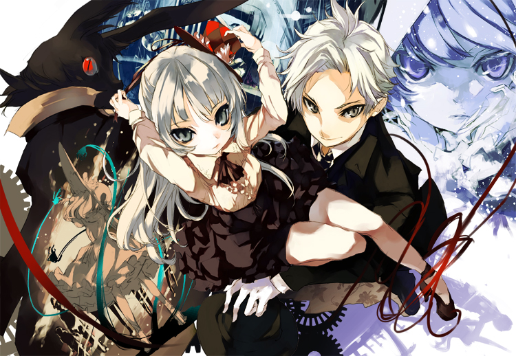 1boy, 1girl, black_dress, black_theater, carrying, dengeki_daiou, dress, expressionless