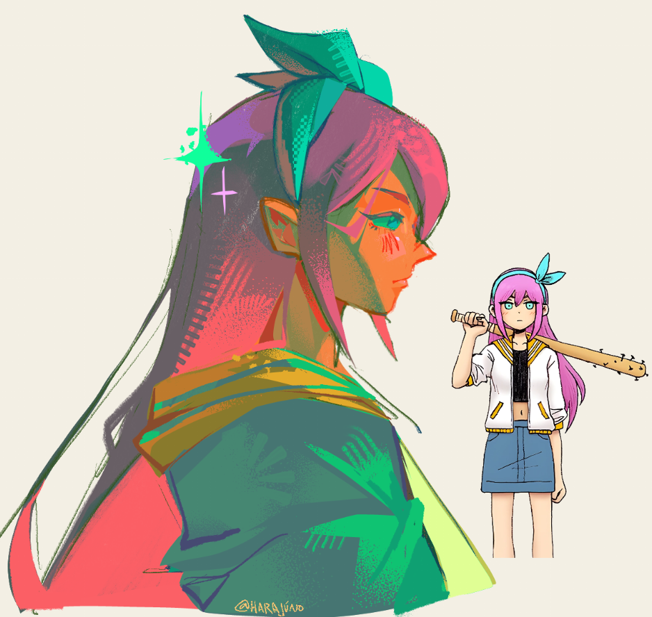 1girl, aqua_eyes, aqua_hairband, arms_at_sides, aubrey_(faraway)_(omori), aubrey_(omori), bow_hairband, closed_mouth, commentary, complementary_colors, cropped_torso, english_commentary, from_side, green_jacket, grey_background, hairband, halftone, harajuno, jacket, lips, long_hair, looking_ahead, official_art_inset, omori, profile, puffy_sleeves, reference_inset, sailor_collar, saturated, sidelighting, sidelocks, simple_background, solo, sparkle, straight_hair, v-shaped_eyebrows, yellow_sailor_collar