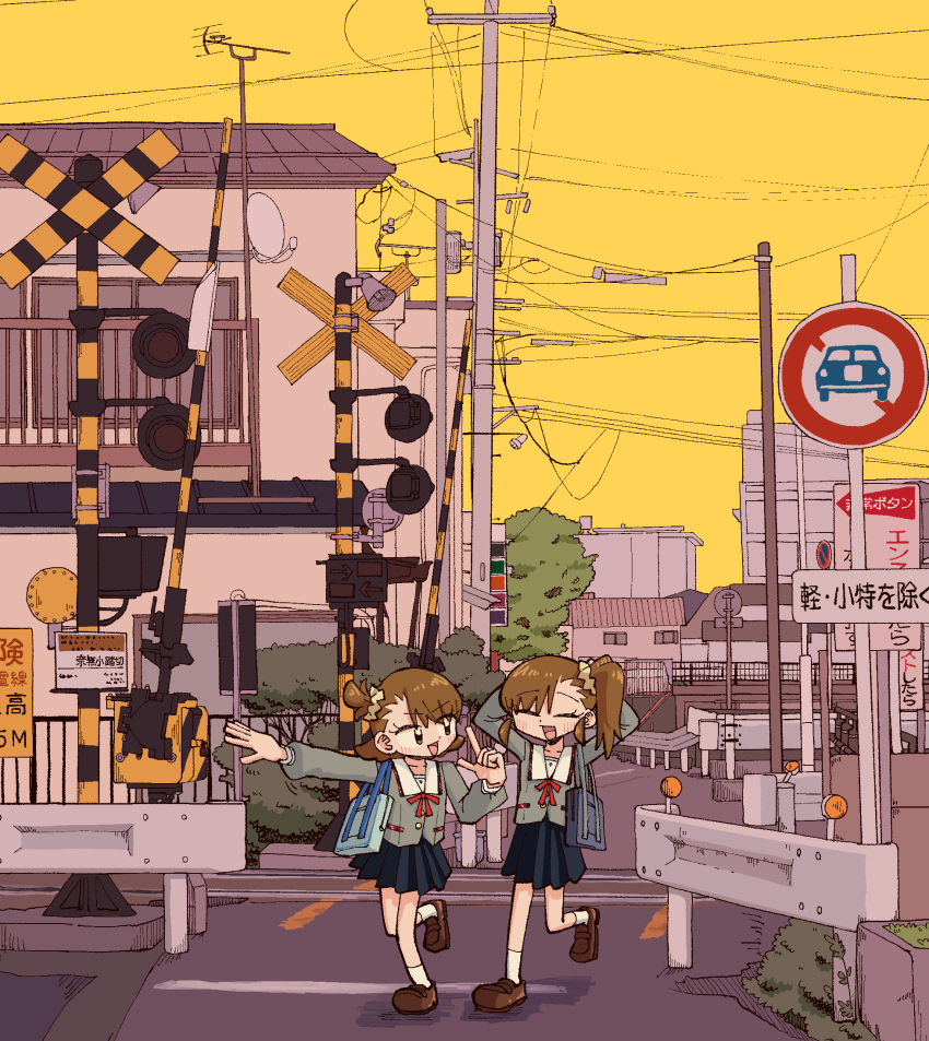 2girls, :d, bag, blush, brown_eyes, brown_hair, building, child