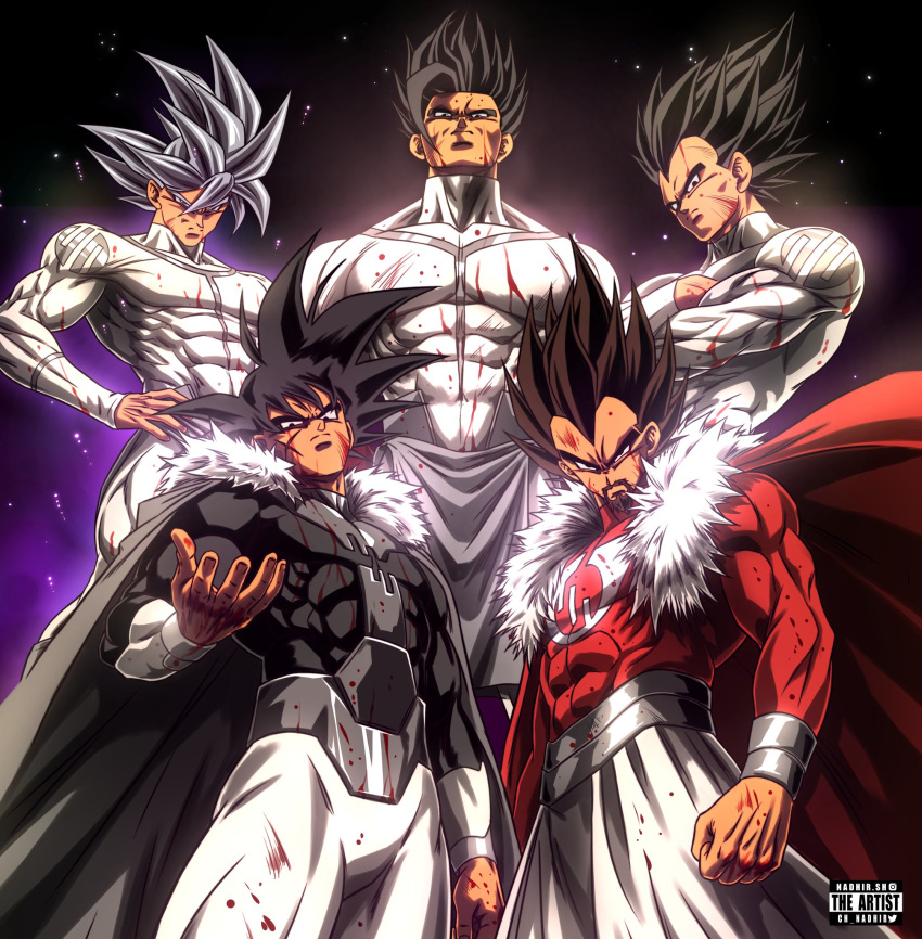 5boys, bardock, beard, black_eyes, black_hair, blood, blood_on_clothes, blood_on_face, cape, ch_nadhir, closed_mouth, cosplay, dragon_ball, facial_hair, highres, invincible_(series), king_vegeta, long_hair, multiple_boys, muscular, muscular_male, red_cape, son_gohan, son_goku, space, thragg_(invincible), thragg_(invincible)_(cosplay), upper_body, vegeta, viltrumite, viltrumite_clothes