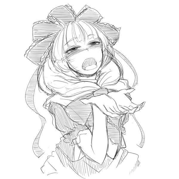 :o, blush, bow, chiyoshi_(sevendw), front_ponytail, hair_ribbon, kagiyama_hina, long_hair