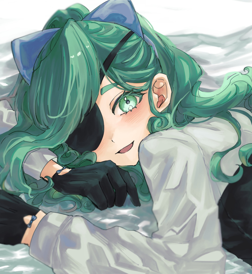 1girl, absurdres, bed, black_gloves, blush, bow, commentary_request, eyepatch