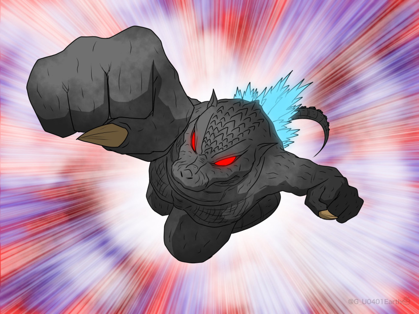arm_up, blurry, blurry_background, claws, clenched_hands, commentary_request, g_u0401earth, giant