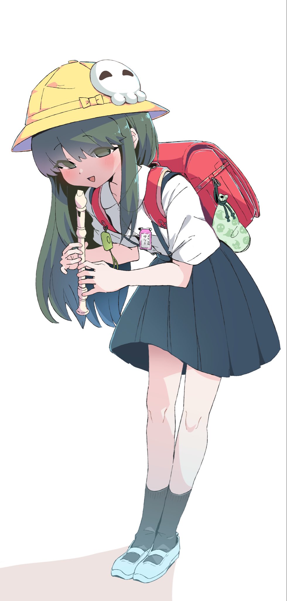 1girl, akino_yoo, alternate_costume, backpack, bag, black_socks, blue_skirt, blush, collared_shirt, commentary_request, crime_prevention_buzzer, flute, full_body, green_eyes, green_hair, hat, highres, holding, holding_flute, holding_instrument, instrument, kindergarten_uniform, leaning_forward, long_hair, name_tag, open_mouth, pleated_skirt, randoseru, recorder, sari_(trickcal), school_hat, shirt, shoes, short_sleeves, skirt, smile, socks, solo, standing, suspender_skirt, suspenders, trickcal, uwabaki, white_shirt, white_shoes