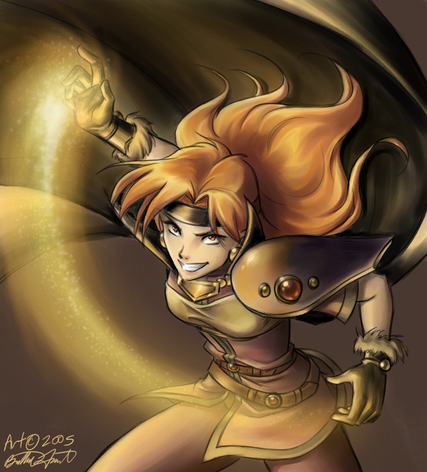 earrings, fire, gloves, grin, headband, jewelry, lina_inverse, long_hair