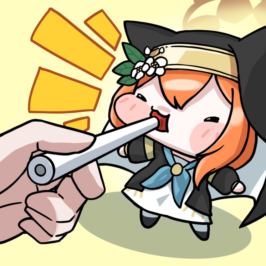 ._., 1girl, 1other, black_veil, blue_archive, blue_neckerchief, brown_halo, candy, chibi, commentary_request, dress, flower, food, food_in_mouth, hair_flower, hair_ornament, halo, highres, holding, holding_candy, holding_food, holding_lollipop, korean_commentary, lollipop, lollipop_in_mouth, mari_(blue_archive), mini_person, minigirl, neckerchief, notice_lines, nun, orange_hair, shiny_goldbug, veil, white_dress, white_flower, yellow_background