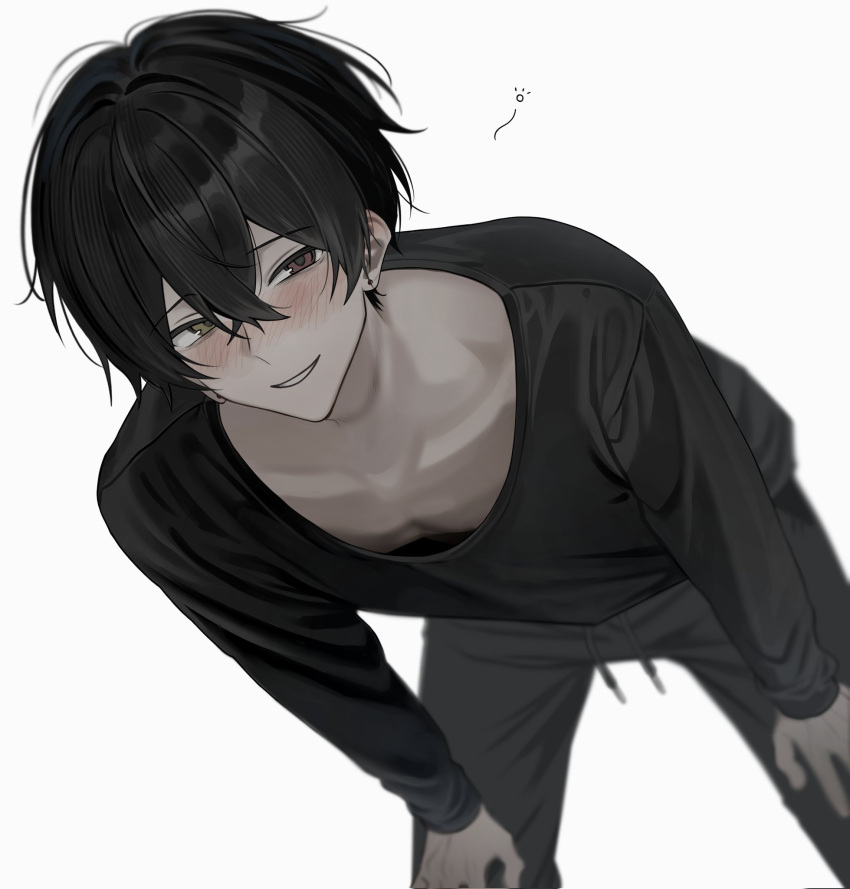 1boy, akanei6no_sora, black_hair, black_shirt, blush, crossed_bangs, earrings, green_eyes
