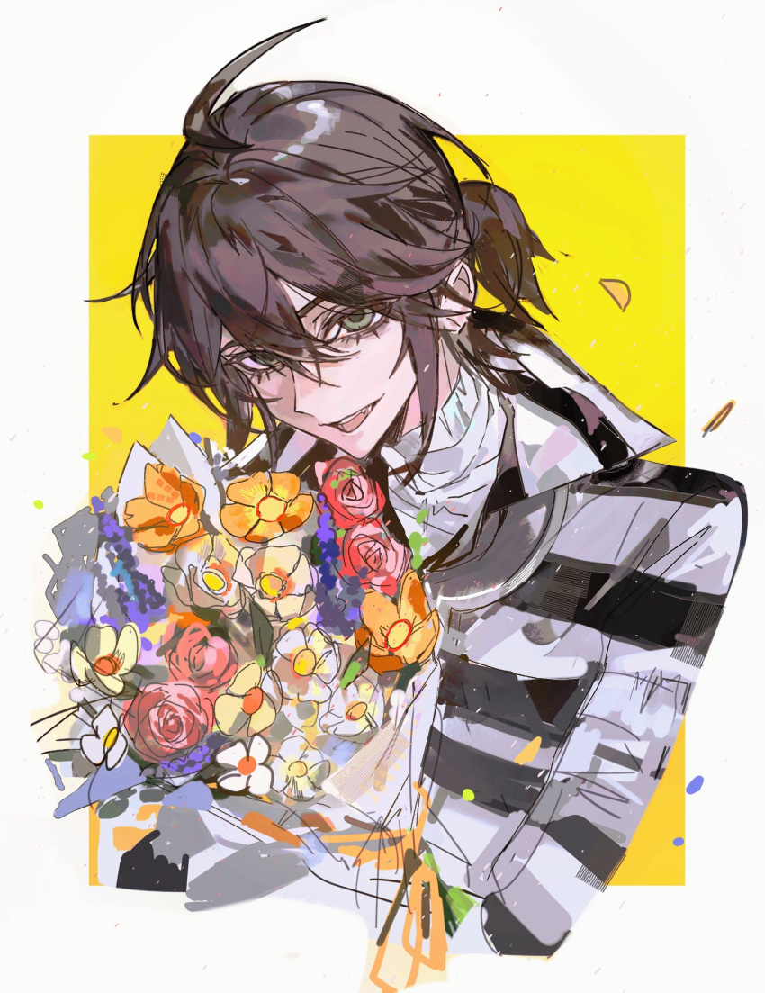 1boy, ahoge, bandaged_neck, bandages, bishounen, border, bouquet, brown_hair