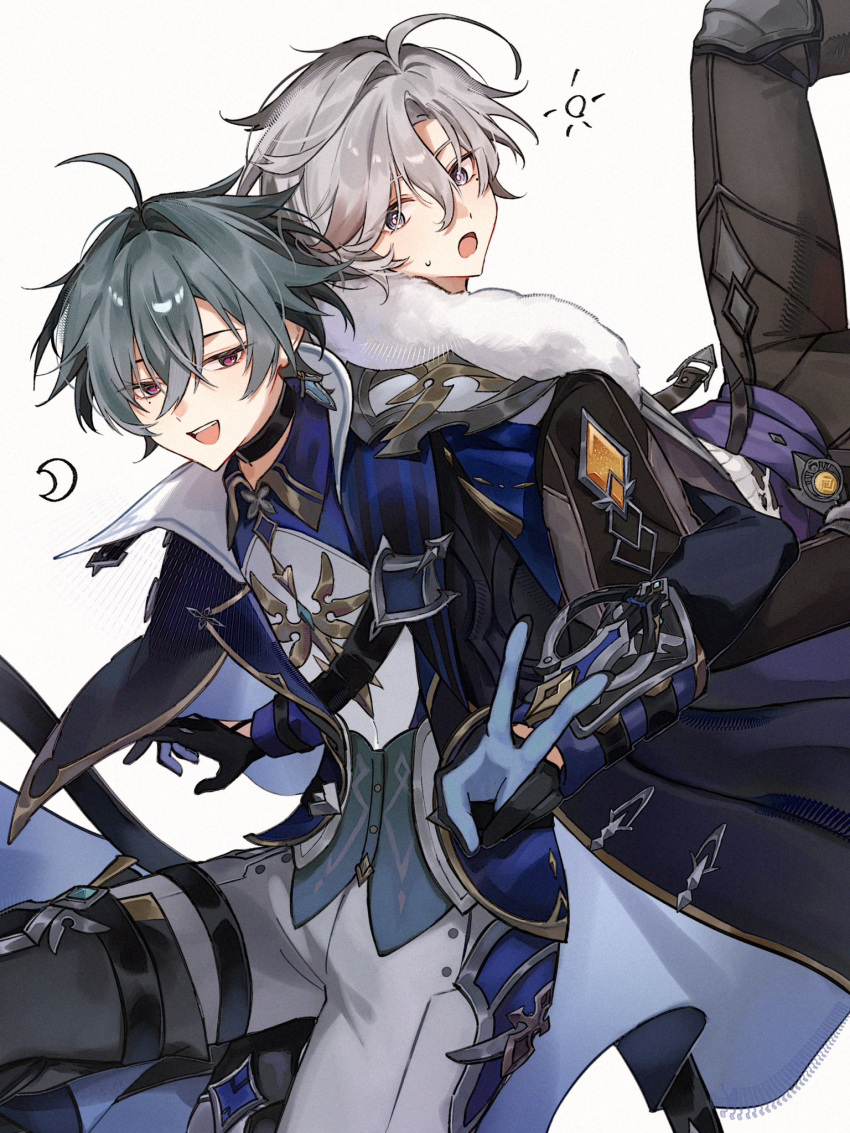 1t0d4, 2boys, ahoge, black_choker, cape, choker, commentary_request, crescent