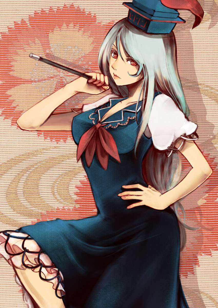 bad_id, blue_dress, breasts, dress, hand_on_hip, hands, hat, highres