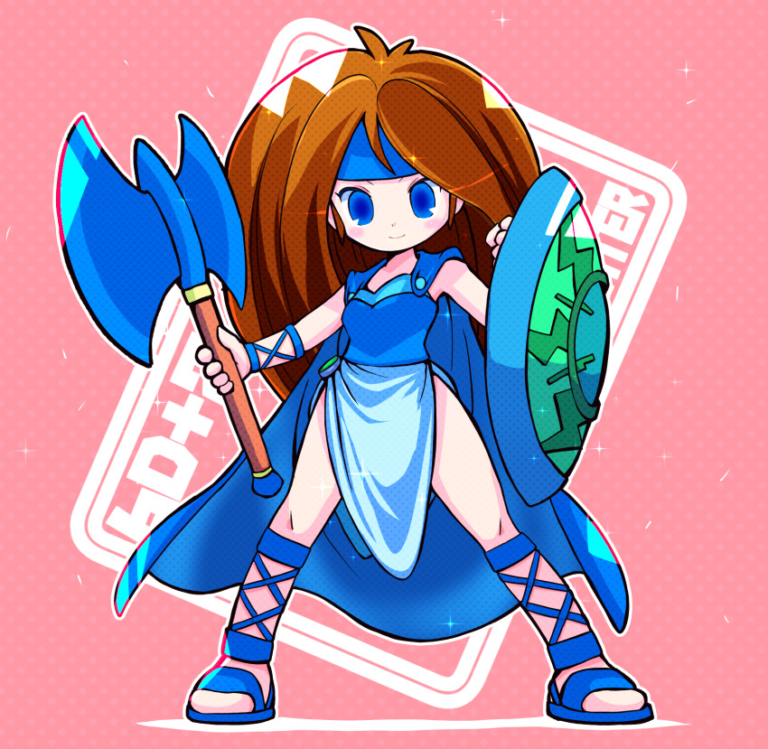 1girl, arm_shield, axe, battle_axe, blue_cape, blue_eyes, blue_headband, blue_sandals