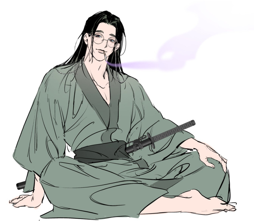 1boy, barefoot, black_eyes, black_hair, cigarette, collarbone, commentary_request, crema_525