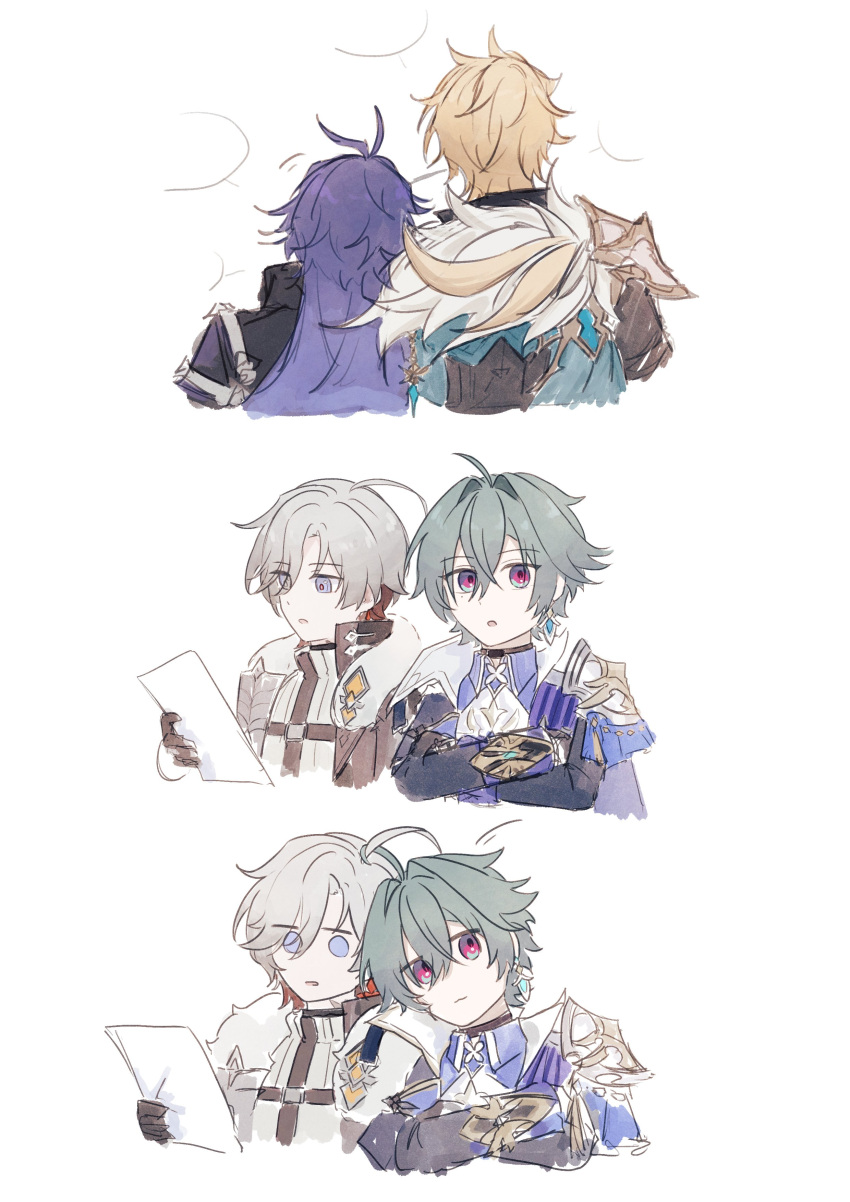4boys, absurdres, ahoge, armor, blonde_hair, blue_eyes, blue_hair, closed_mouth
