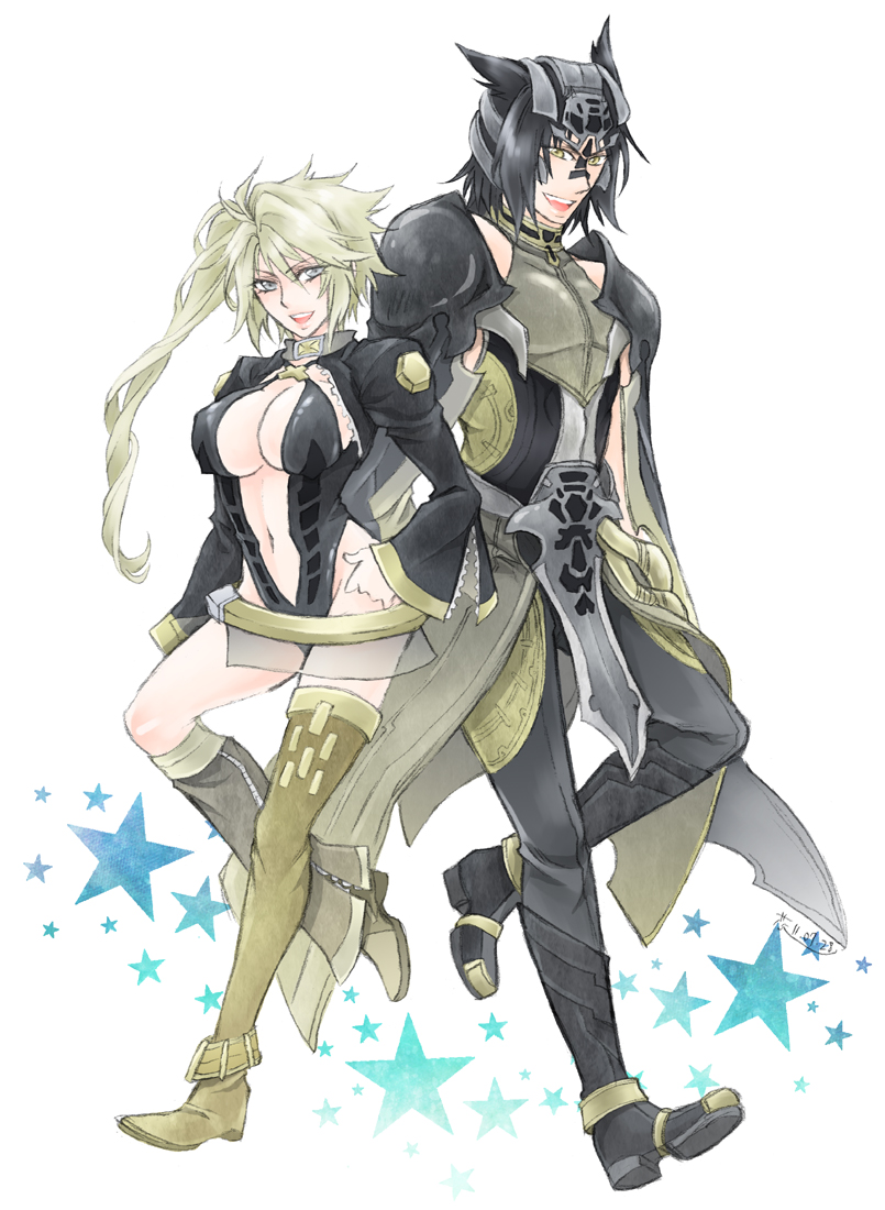 blonde_hair, breasts, cleavage, dual_persona, fenrir_(vehicle), final_fantasy, final_fantasy_vii, final_fantasy_vii_advent_children
