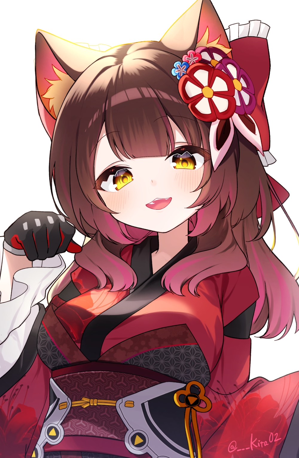 1girl, :d, animal_ear_fluff, animal_ears, asa_no_ha_(pattern), blunt_bangs, brown_hair, cat_ears