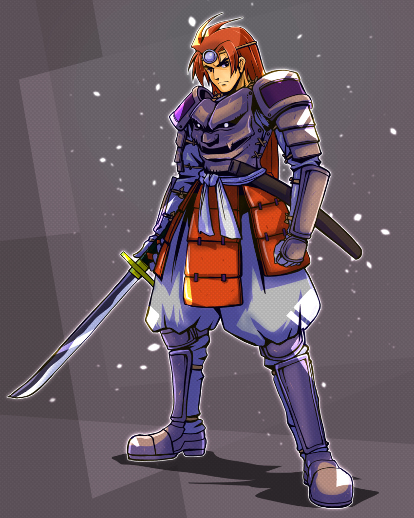 1boy, arm_guards, armor, armored_shoes, black_armor, black_eyes, circlet, clenched_hand