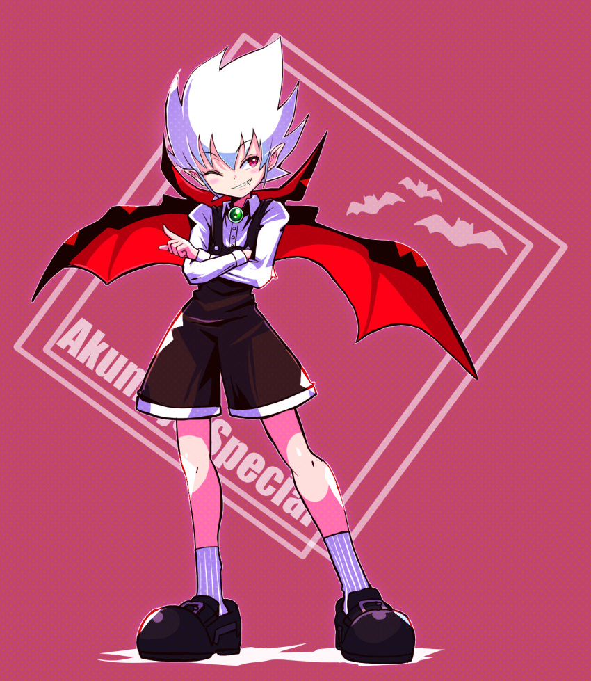1boy, bat_(animal), bat_wings, black_shoes, black_shorts, brooch, cape, castlevania_(series)