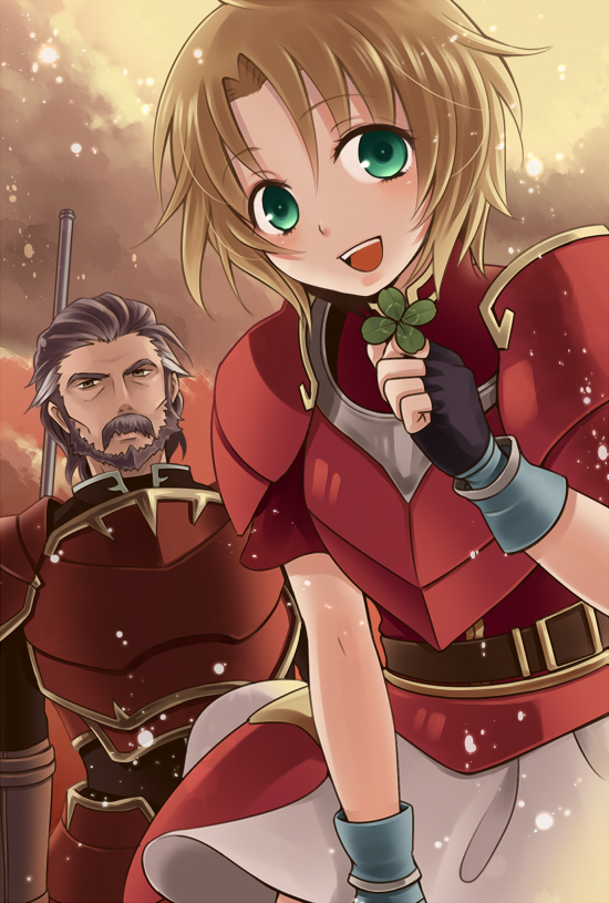 1boy, 1girl, :d, amelia_(fire_emblem), armor, beard, clover, commentary_request
