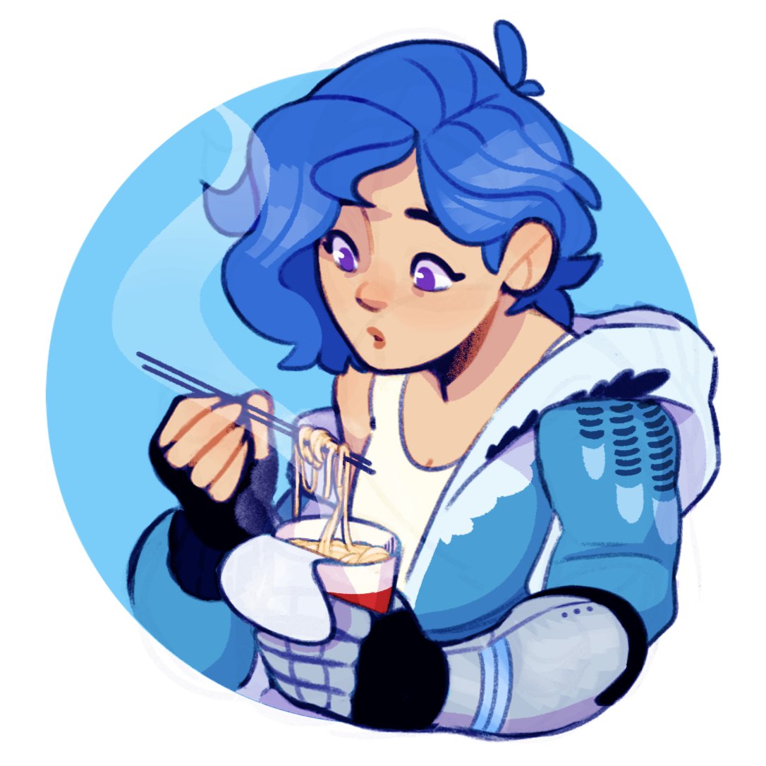 big_chez, bigchezart, blue_hair, blue_hoodie, commentary, cyborg, eating, english_commentary