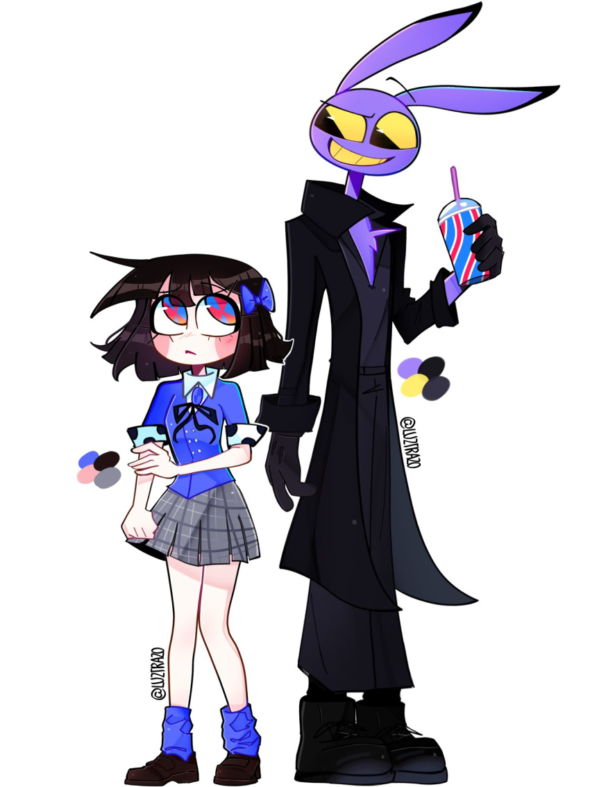 animal_ears, artist_name, black_coat, black_gloves, black_hair, black_pants, black_shirt, black_shoes, blue_bow, blue_eyes, blue_necktie, blue_socks, blue_suit, blush, bow, chest_hair, coat, colored_skin, colored_teeth, crossover, cup, disposable_cup, english_text, gloves, grey_skirt, hair_bow, heathers_the_musical, high_collar, highres, holding, holding_cup, jason_dean, jax_(the_amazing_digital_circus), long_sleeves, looking_down, looking_to_the_side, looking_up, luztrazo, multicolored_eyes, necktie, pants, pomni_(the_amazing_digital_circus), purple_skin, rabbit_boy, rabbit_ears, raised_eyebrows, red_eyes, shirt, shoes, short_sleeves, simple_background, skirt, sleeve_cuffs, smile, socks, suit, the_amazing_digital_circus, trench_coat, twitter_username, two-tone_eyes, veronica_sawyer, white_background, white_shirt, yellow_eyes, yellow_teeth