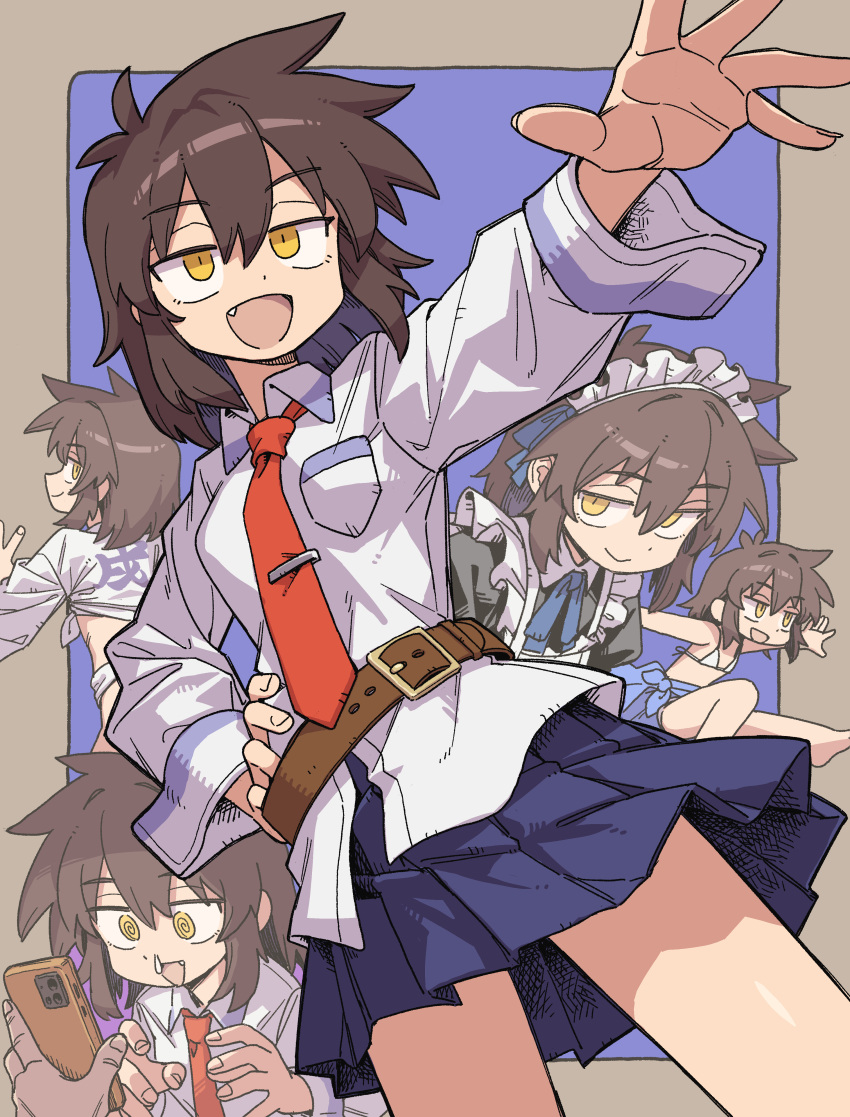 1girl, belt, blue_skirt, breast_pocket, brown_belt, brown_hair, cellphone, collared_shirt