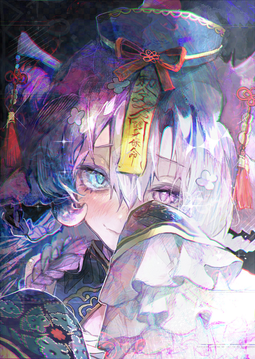 1girl, black_background, blue_eyes, braid, braided_ponytail, braided_sidelocks, chinese_commentary, closed_mouth
