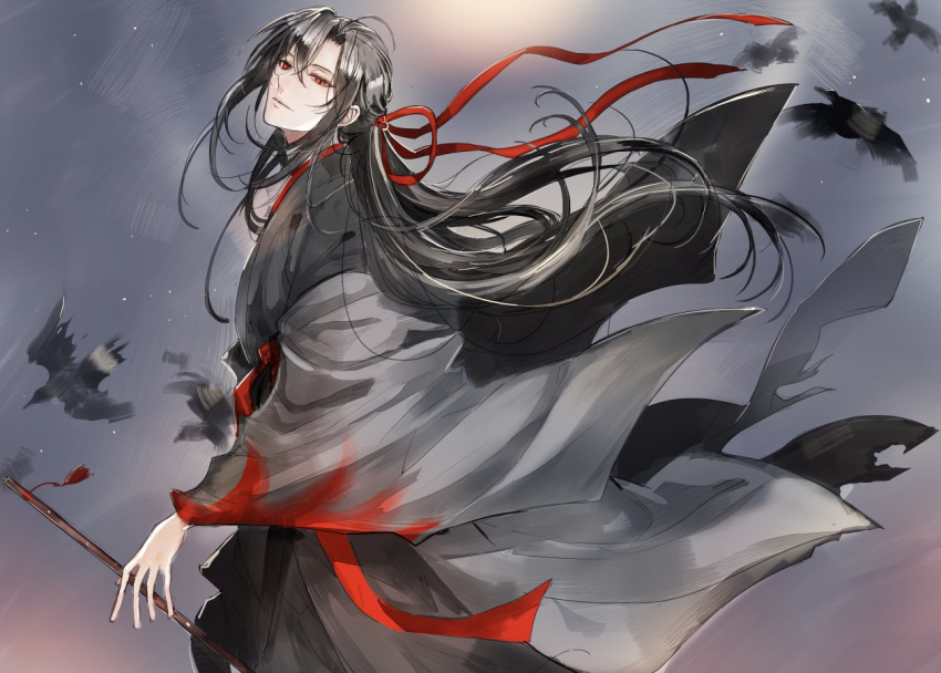 1boy, ahoge, bird, bishounen, black_hair, black_hanfu, chenqing_flute, chinese_clothes