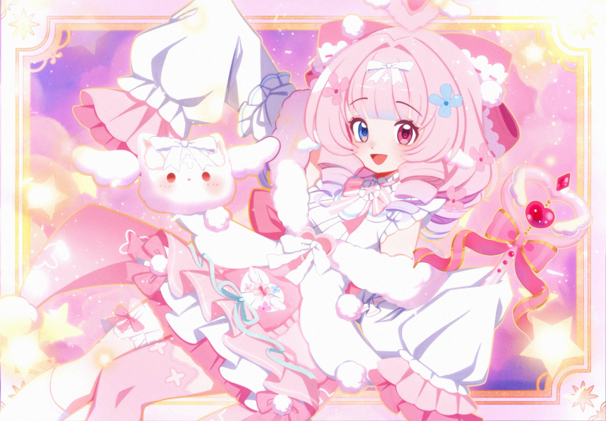 1girl, :d, arm_up, artist_request, asymmetrical_legwear, blue_eyes, blunt_bangs, blurry