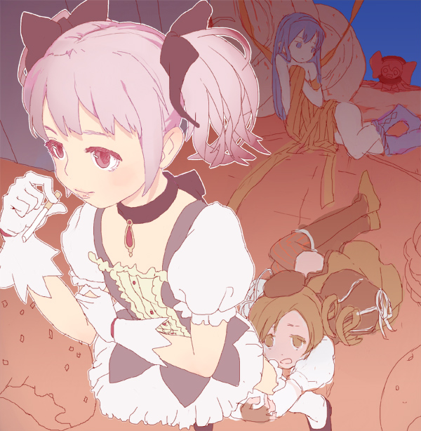 akemi_homura, bad_id, black_hair, blonde_hair, charlotte_(madoka_magica), cigarette, covering, kaname_madoka
