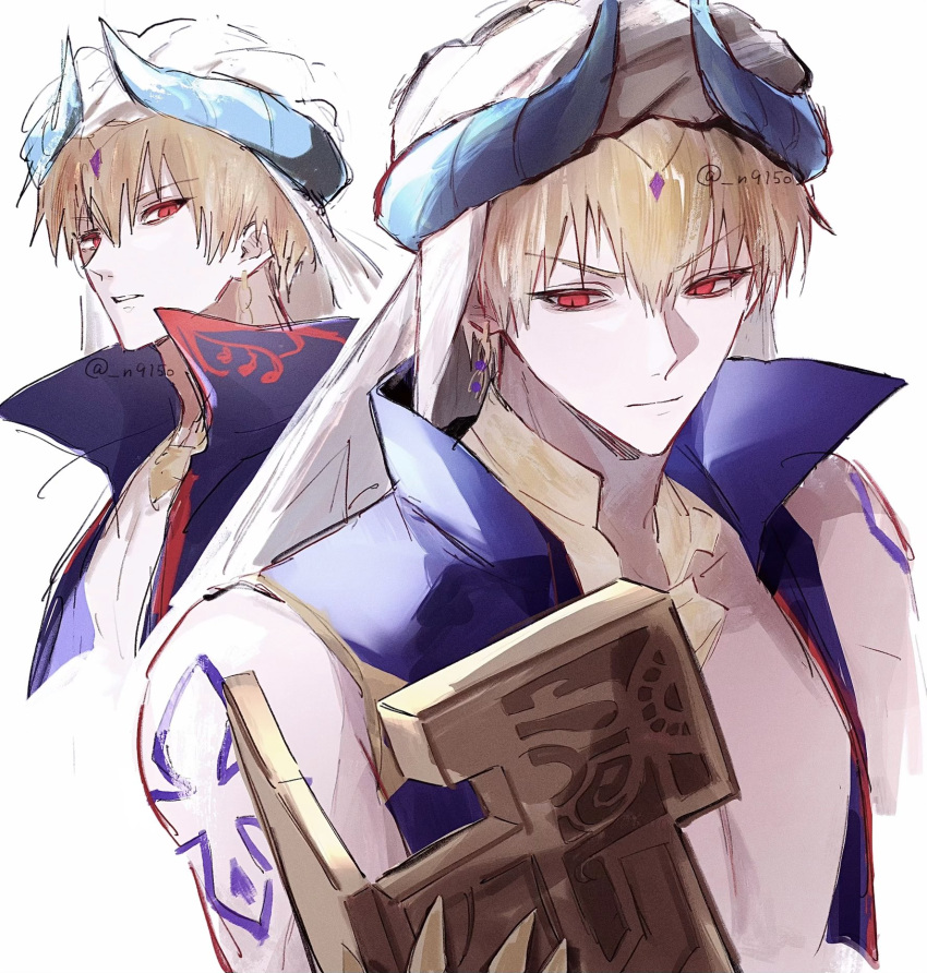 1boy, armor, artist_name, bare_shoulders, blue_hair, blue_vest, chain, circlet