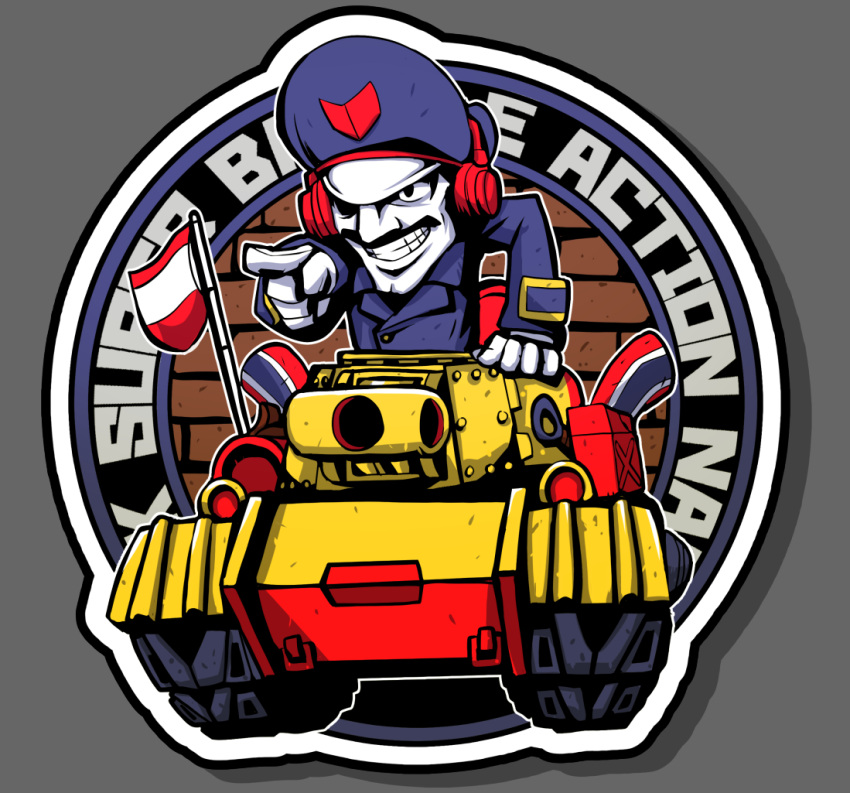 1boy, battle_city_(game), black_eyes, blue_hat, blue_jacket, colored_skin, commentary_request, deformed, facial_hair, flag, grin, hat, headphones, jacket, jerry_can, male_focus, military_uniform, military_vehicle, motor_vehicle, mustache, muzzle_device, outline, peaked_cap, pointing, sakurajyousui_nami, smile, solo, tank, tank_cupola, white_outline, white_skin