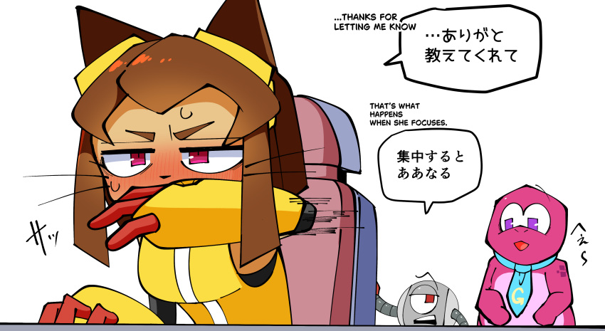 1girl, 2boys, absurdres, animal_ears, aqua_necktie, bare_shoulders, black_pants, cat_ears