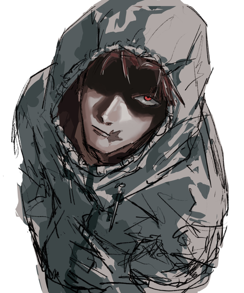 1boy, absurdres, glaring, hands_in_pockets, highres, hood, hoodie, itadori_yuji, jujutsu_kaisen, jujutsu_kaisen_modulo, looking_at_viewer, lotusroot0, male_focus, red_eyes, scar, scar_on_cheek, scar_on_face, shaded_eye, short_hair, simple_background, sketch, solo, upper_body, white_background, white_hoodie