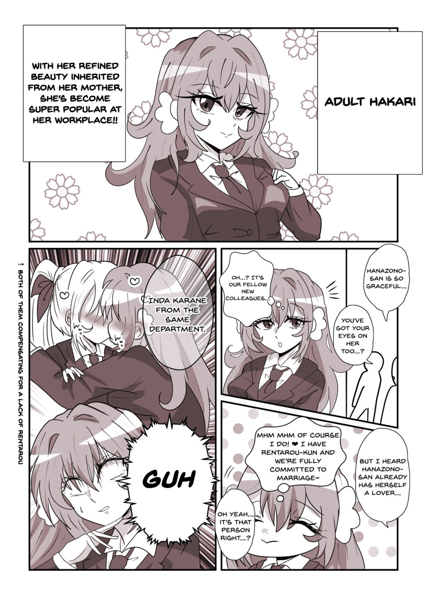 aged_up, alternate_costume, alternate_hairstyle, alternate_language, bisexual_female, blush, breasts, chibi, floral_background, flower, greyscale, hair_between_eyes, hair_flower, hair_ornament, hanazono_hakari, heart, highres, inda_karane, jacket, kimi_no_koto_ga_dai_dai_dai_dai_daisuki_na_100-nin_no_kanojo, kiss, large_breasts, long_hair, looking_at_viewer, monochrome, motion_lines, multiple_girls, necktie, office_lady, open_mouth, polka_dot, polka_dot_background, ribbon, rinko_(precure_ydbg), shirt, smile, speech_bubble, suit, surprised, sweatdrop, translated, wide-eyed, yuri
