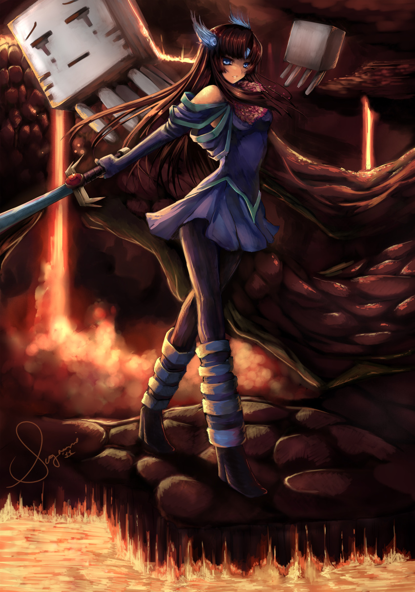 armor, armored_dress, bare_shoulders, blue_eyes, boots, flower, ghast, hell