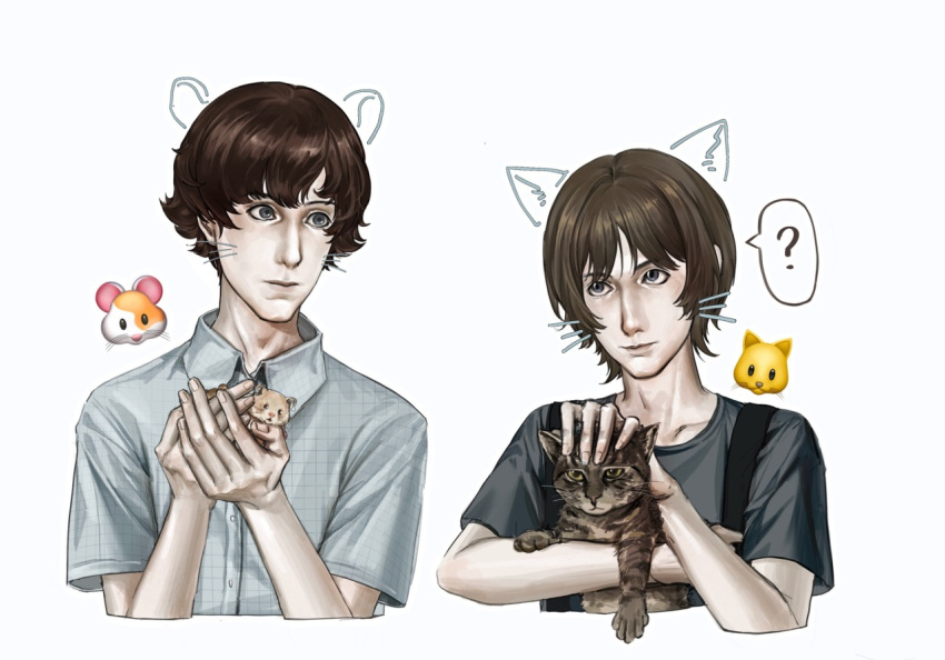2boys, adam_lanza, animal_ears, arthur_achleitner, black_shirt, blue_shirt, brown_hair, cat, cat_ears, hamster, hamster_ears, male_focus, multiple_boys, nostrils, shirt, true_crime, white_background