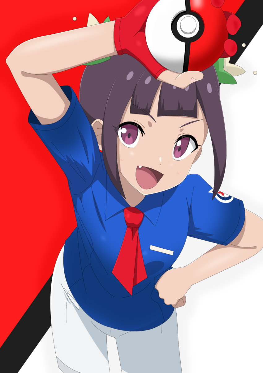 1girl, :d, ann_(pokemon), arm_up, blue_shirt, collared_shirt, commentary_request, fang